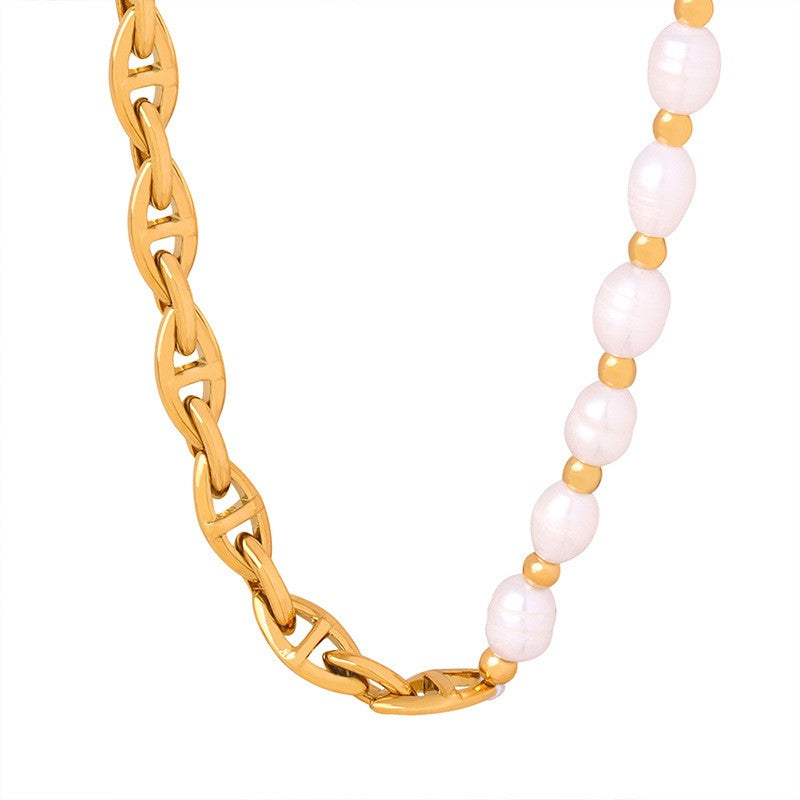 Natural Freshwater Pearl  Gold Thick Geometric Chain Necklace