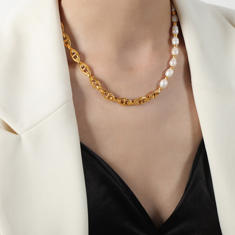 Natural Freshwater Pearl  Gold Thick Geometric Chain Necklace