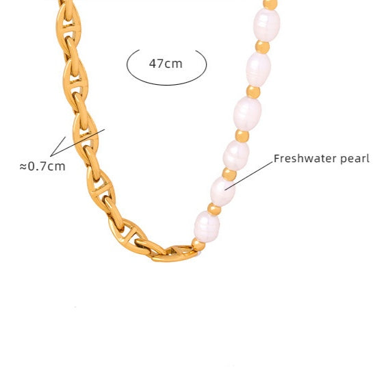 Natural Freshwater Pearl  Gold Thick Geometric Chain Necklace